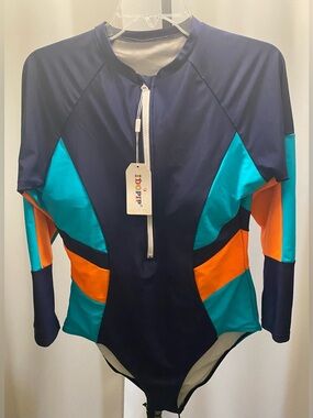 Colorblock Long Sleeve One-Piece Swimsuit - Navy, Teal & Orange